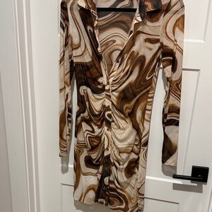 Long Sleeve Swirl Print Brown Button-Front Dress